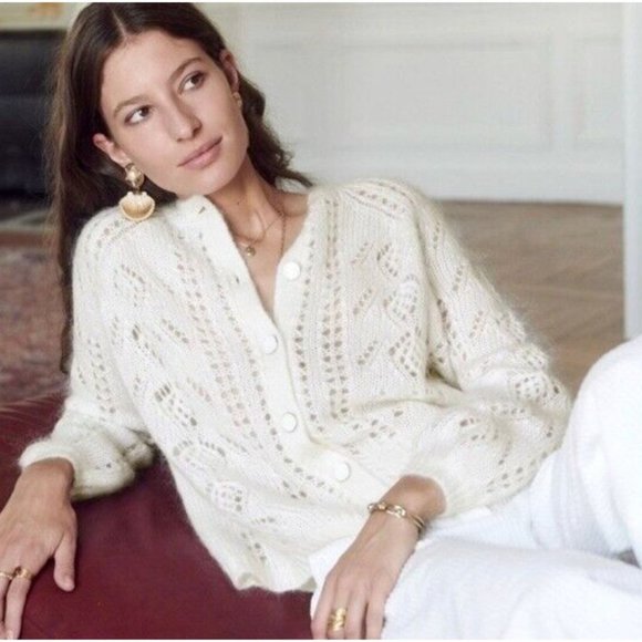 Sezane Sweaters - Sezane White Crochet Super Kid Mohair Blend Cardigan M